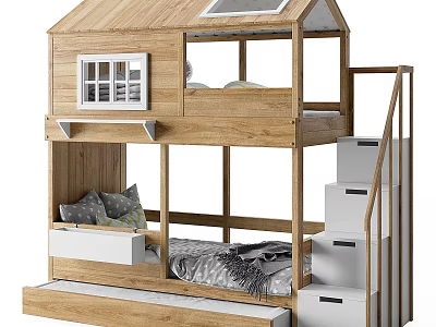 Wooden House Shaped Children's Bunk Bed With Skylight Lower Bunk And Staircase Drawers 3d model