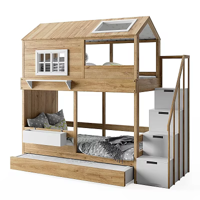 Wooden House Shaped Children's Bunk Bed With Skylight Lower Bunk And Staircase Drawers 3d model
