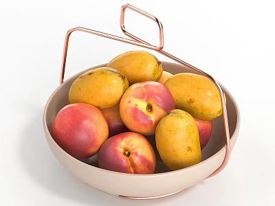 Fresh Mixed Fruit Bowl with Ripe Peaches and Mangoes in Copper Handle Container 3d model