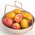 Fresh Mixed Fruit Bowl with Ripe Peaches and Mangoes in Copper Handle Container