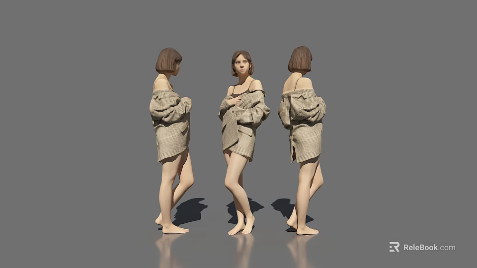 Three Women in Plaid Coats Front Side and Back Views Standing Barefoot Against Gray Background 3d model 