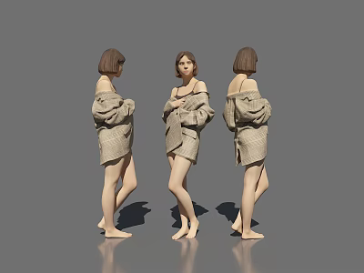 Three Women in Plaid Coats Front Side and Back Views Standing Barefoot Against Gray Background 3d model