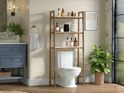 Cozy Bathroom Interior Design With White Toilet Wooden Shelf Blue Vanity And Green Plant 3d model