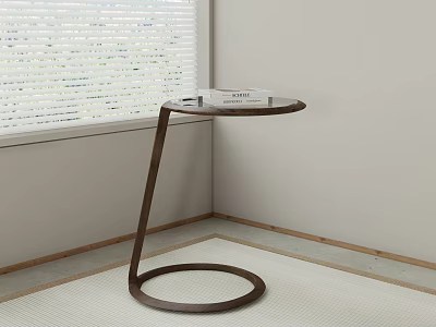 Modern Round Top Side Table With Curved Metal Frame Near Window Blinds 3d model