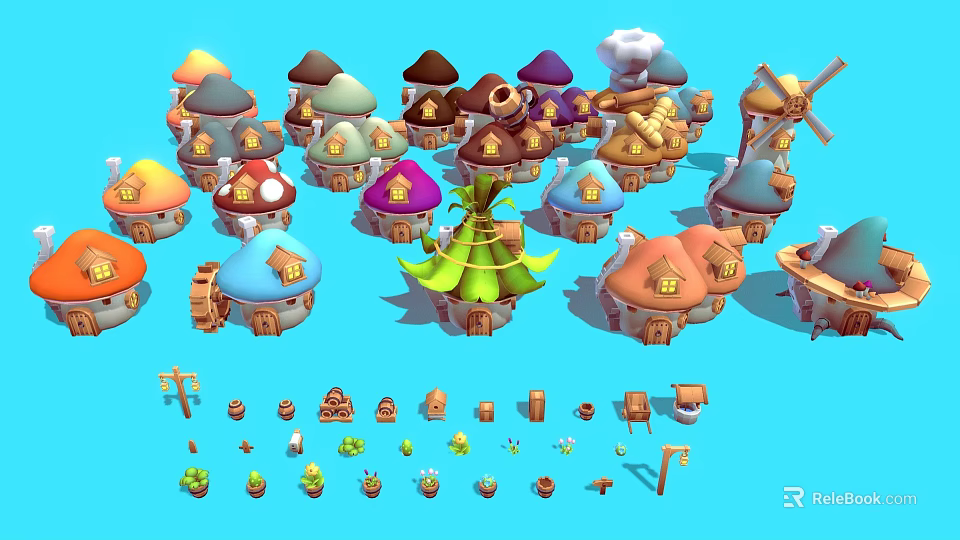 Colorful Cartoon Scene with Various Mushroom Houses Windmill and Small Elements like Trees Barrels 3d model 