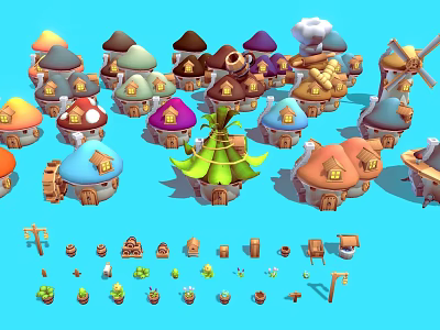 Colorful Cartoon Scene with Various Mushroom Houses Windmill and Small Elements like Trees Barrels 3d model