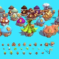 Colorful Cartoon Scene with Various Mushroom Houses Windmill and Small Elements like Trees Barrels