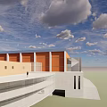 Modern Architectural Building With Glass Facade Orange Brown Exterior Open Platform And Stairs