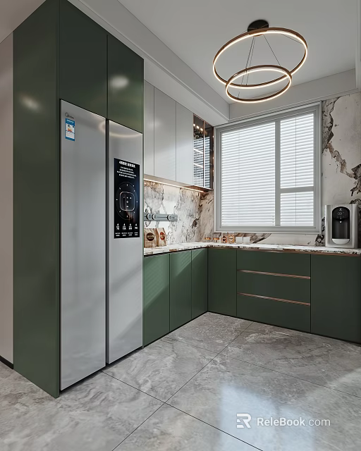 Modern Kitchen Interior With Green Cabinets Silver Refrigerator Marble Countertops And Window Blinds 3d model 