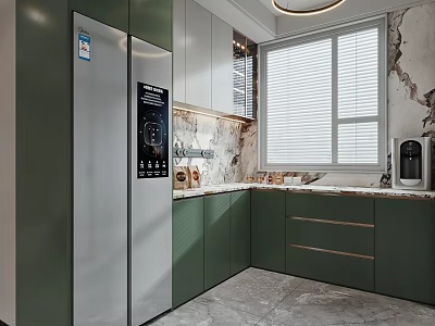Modern Kitchen Interior With Green Cabinets Silver Refrigerator Marble Countertops And Window Blinds 3d model