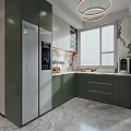 Modern Kitchen Interior With Green Cabinets Silver Refrigerator Marble Countertops And Window Blinds