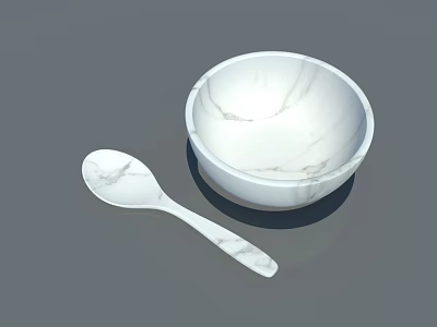 Modern White Marble Texture Tableware Set With Bowl And Spoon For Dining 3d model