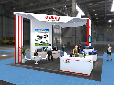 YAMAHA Exhibition Booth With White Red Design Vehicle Displays And Reception Counter 3d model
