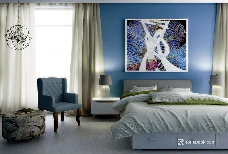 Double Bed In Bedroom With Blue Wall Large Decorative Painting Nightstands Lamps And Blue Chair 3d model 