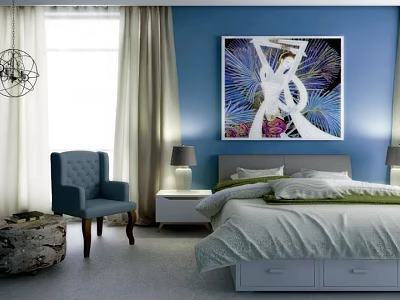 Double Bed In Bedroom With Blue Wall Large Decorative Painting Nightstands Lamps And Blue Chair 3d model