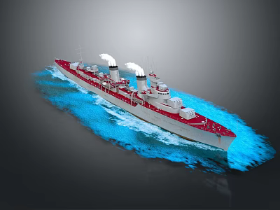 Vintage Red And White Warship Sailing On Blue Water With Smoke Stacks 3d model