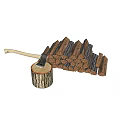 Weapon Axe With Wooden Handle Leaning On Tree Stump Near Firewood Stack 3d model
