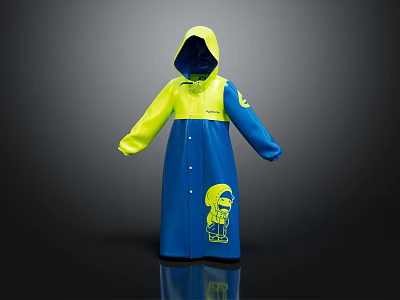Hooded Blue And Yellow Raincoat With Button Front And Cartoon Character Print 3d model