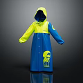 Hooded Blue And Yellow Raincoat With Button Front And Cartoon Character Print