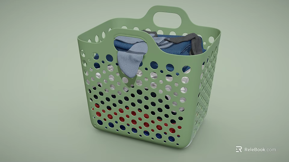 Green Perforated Laundry Basket Holding Colorful Clothes For Everyday Use 3d model 
