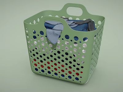 Green Perforated Laundry Basket Holding Colorful Clothes For Everyday Use 3d model