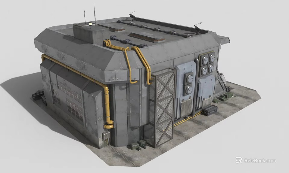 Cartoon Scene Of Industrial Style Gray Building With Yellow Pipes And Metal Door 3d model 