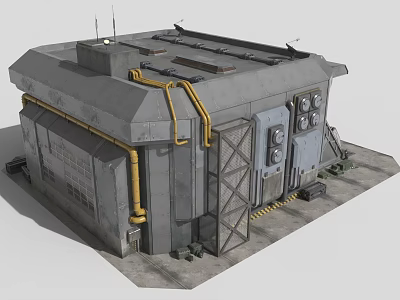 Cartoon Scene Of Industrial Style Gray Building With Yellow Pipes And Metal Door 3d model