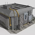 Cartoon Scene Of Industrial Style Gray Building With Yellow Pipes And Metal Door