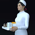 Woman Nurse in White Uniform Holding Tray with Medicine Bottles and Boxes