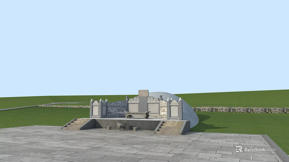 Outdoor Stone Memorial Structure With Steps And Decorative Pillars On Grassland Square Under Blue Sky 3d model 