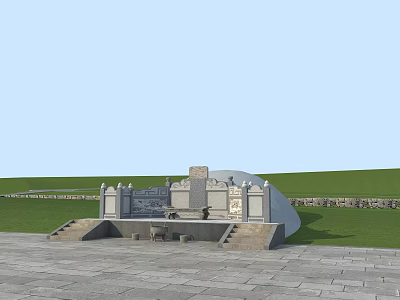 Outdoor Stone Memorial Structure With Steps And Decorative Pillars On Grassland Square Under Blue Sky 3d model