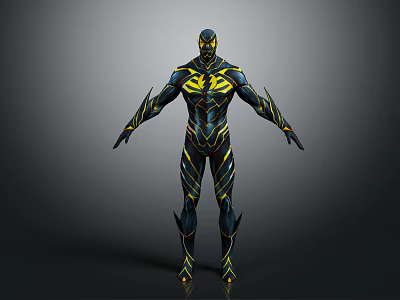 Black And Yellow Superhero In Tight Suit With Glowing Stripes Standing Pose 3d model