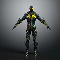 Black And Yellow Superhero In Tight Suit With Glowing Stripes Standing Pose
