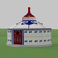 Traditional Yurt With White Body Blue Patterns Red Door And Top Decoration