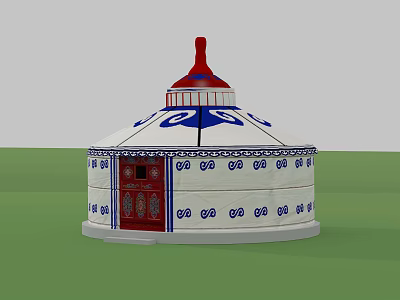 Traditional Yurt With White Body Blue Patterns Red Door And Top Decoration 3d model