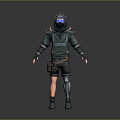 Cyberpunk Game Character With Tech Helmet Mechanical Armor Knee Pads And Glowing Accents 3d model