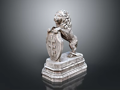 Decorative Stone Lion Statue Standing On Pedestal Holding Shield With Symbol 3d model