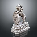 Decorative Stone Lion Statue Standing On Pedestal Holding Shield With Symbol