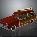 Classic Red Vintage Station Wagon With Wooden Panels And Surfboard On Roof