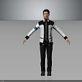 Male Character in White Black Jacket with Blue Logo and Outstretched Arms Gray Background