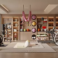 Modern Entertainment Room Interior With Fitness Equipment Storage Shelves And Decorative Orbs