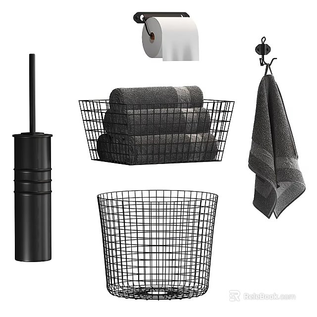 Stylish Bathroom Accessories Set With Toilet Brush Wire Baskets And Towel Holder 3d model 