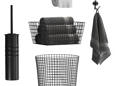 Stylish Bathroom Accessories Set With Toilet Brush Wire Baskets And Towel Holder 3d model