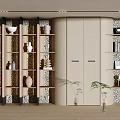 Elegant Decorative Cabinet With Wooden Shelves Vases Bowls And Books