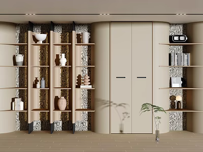 Elegant Decorative Cabinet With Wooden Shelves Vases Bowls And Books 3d model