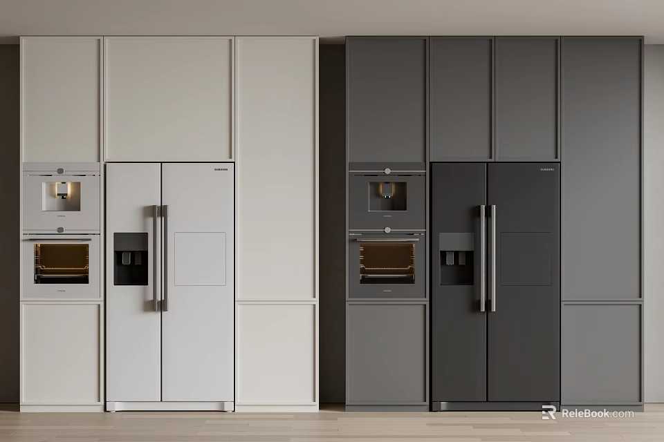 Modern Kitchen Appliances With White And Dark Gray Cabinets Including Refrigerators And Ovens 3d model 