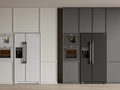 Modern Kitchen Appliances With White And Dark Gray Cabinets Including Refrigerators And Ovens 3d model