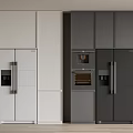 Modern Kitchen Appliances With White And Dark Gray Cabinets Including Refrigerators And Ovens