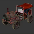 Vintage Steam Powered Car With Rustic Metal Body And Red Canopy