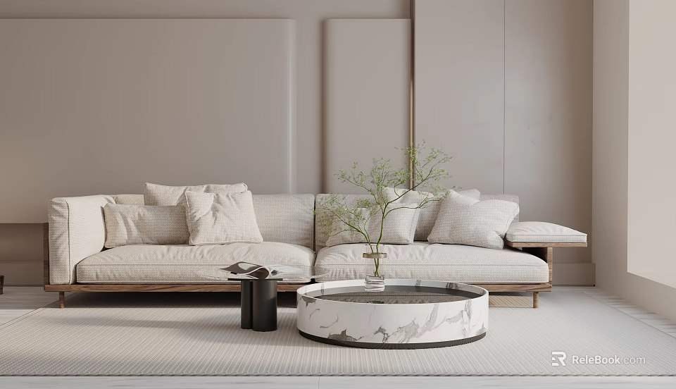 Beige Three Seater Sofa With Wooden Base Round Marble Coffee Table Vase Green Plants 3d model 